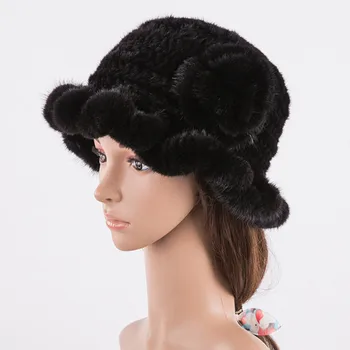 נשים כובע חדש חורף אמיתי חורפן פרווה כובע מזדמן יוקרה פרח סרוג דלי כובעי פדורה - התמונה 1  