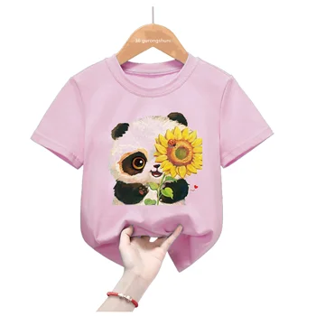 פנדה אוהבת פרחים הדפס ורוד חולצה עבור בנות Harajuku Kawaii בגדי ילדים דוב חמוד חולצת טי Harajuku חולצה קיץ מקסימום - התמונה 1  