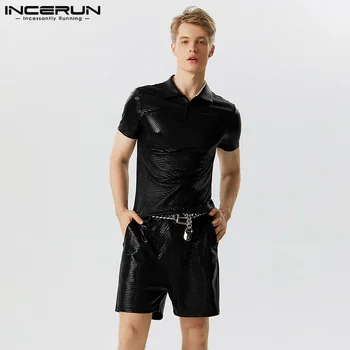 INCERUN 2023 האמריקאי סגנון Mens סטים קצרים חולצות עם שרוול קצרים אופנה מזדמן נאה זכר פלאש בד 