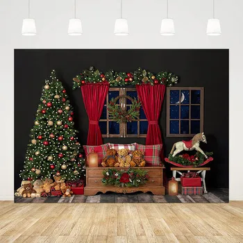חג המולד רקע צילום חג המולד עץ אורן זר גרלנד צעצוע דוב מתנה קישוט ילדים חגיגית מסיבה תפאורות Photobooth - התמונה 1  