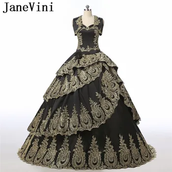 JaneVini 2019 יוקרה כדור שחור שמלת קינסאנךרה שמלות עם הגלימה טפטה בשכבות זהב תחרה, אפליקציות חרוזים התחרות שמלות לנשף - התמונה 1  