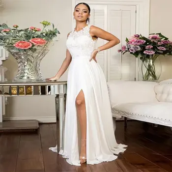 שמלות חתונה תחרה, אפליקציות או הצוואר שרוולים שיפון שמלה ארוכה עם שסע בצד שמלות כלה Vestidos Elegantes פארא חברות - התמונה 1  