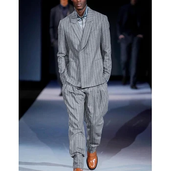 אופנה חליפות גברים שיק אנגליה סגנון דש Slim Fit זכר חליפה יוקרתית מזדמן לחלק 2 פסים אנכיים ז ' קט ומכנסיים - התמונה 1  