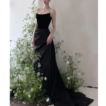 שחור פשוט שמלות כלה קלאסית סקסית סטרפלס Sukienka נה Wesele נוח סאטן אלגנטי זמן החלוק דה מארי גודל מותאם אישית - התמונה 1  