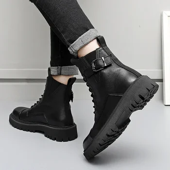 2023 נעליים חדשות עבור גברים אבזם חגורה של הגברים מגפי אופנה הצד זיפ קרוס-קשור עור נעליים מזדמנים חם מכירת ראש עגול אמצע שוק - התמונה 1  