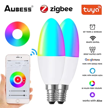 E14 Tuya WiFi / Zigbee חכם אור LED 5W RGB+C+W Tuya חכם החיים בקרת יישום ניתן לעמעום נורות עובד עם אלקסה הבית של Google אליס - התמונה 1  