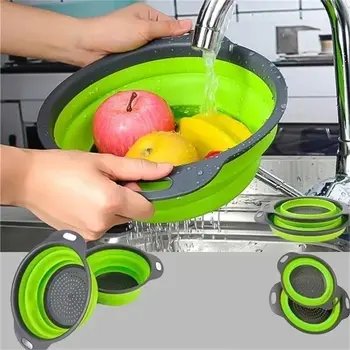 יצירתי ירוק סיליקון עגול מתקפל ירקות פירות כביסה ניקוז סל מסננת מסננת מתקפלת מייבש כלי מטבח - התמונה 1  