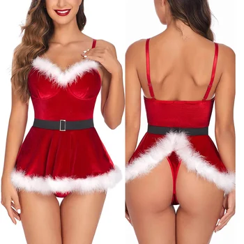 נשים חג המולד סקסי שמלת קטיפה עם תקצירים חגורה תחתונה Nightwear חג המולד מסיבת שנה החדשה סנטה קלאוס תחפושות קוספליי Clubwear - התמונה 1  