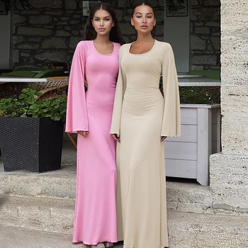 2023 סתיו אופנה חדשה לנשים לסרוג שמלה ארוכה רופף Slim Fit U הצוואר לטוס שרוולו תחרה שרוול ארוך שמלה סיטונאית - התמונה 1  