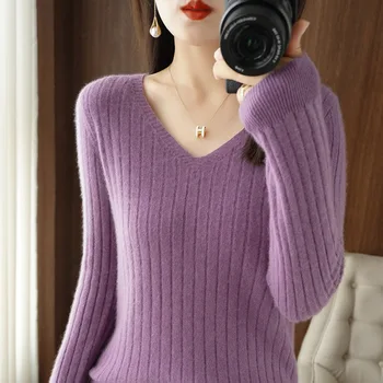 מזדמן נשים סוודר 2023 סתיו חורף חם בסיסי העליון V-צוואר אביב שפל חולצה שרוול ארוך אופנה קוריאנית לסרוג Pullovers - התמונה 1  