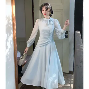 אלגנטי הפבורן נשים שמלות 2023 האביב קוריאני FashionVintage מודפס עניבת הפרפר שרוול ארוך Vestidos עיצוב שמלת הנשף להאריך ימים יותר - התמונה 1  