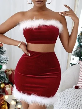 נשים חג המולד חצאית תלבושות ניגודיות צבע יבול גופיות + Bodycon מיני חצאית תחתונה - התמונה 1  