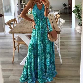 אלגנטי גופיות ספגטי רצועה סקסית שמלת מקסי החלוק 2023 הנשים צוואר V מפלגת שמלות וינטג מודפס בוהו חוף שמלות ארוכות - התמונה 1  
