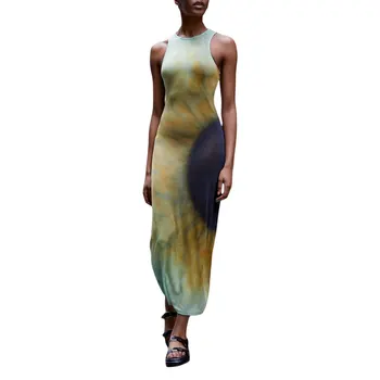 2022 אופנה נשים שמלת Bodycon שחור ירוק צבועה הדפסה צוואר עגול וחולצת קרסול-אורך החצאית - התמונה 1  