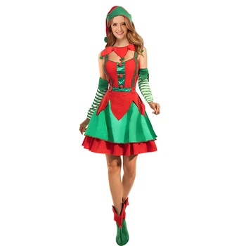 נשים חג המולד שדון תלבושות חמוד שמלה ללא שרוולים עם כובע היד שרוולים סנטה s עוזר תלבושת תלבושת חג המולד שדון כובע נעליים Elf - התמונה 1  