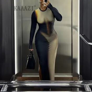 KAAAZI שרוול ארוך O-צוואר Slim Fit פיצול מקסי אופנה שמלה חדשה מסיבת הסיום נשים Bodycon צבעים מגוונים שמלה ארוכה Vestido - התמונה 1  