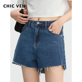 שיק VEN נשים קצרים ג 'ינס כחול קוריאנית אישית מרופט קו ג' ינס מכנסיים נשים מכנסיים קצרות על ילדה 2023 הקיץ - התמונה 1  