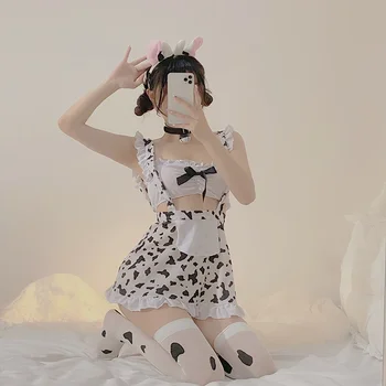 לוליטה סקסית הלבשה תחתונה ללא משענת קפלים נשים פרה Cosplay תלבושות הדפס יפני המשרתת אחיד Tempatation תחתונים מיני שמלה - התמונה 1  