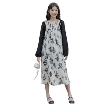 הקיץ הנשי קפלים תחרה שיפון פרחוני הדפסה Suspender שמלה ארוכה משקל אמצע שוק עם שיק רפוי המותניים אלגנטי Vestidos - התמונה 1  