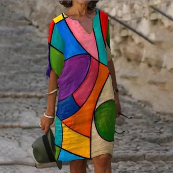 2023 הקיץ החדש של הנשים הדפסה צבעונית אופנה רופף אופנה שמלה מזדמנים נוסעים אלגנטי שמלות נקבה, גברת בגדים - התמונה 1  