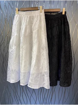 שמלת נשף חצאיות 2023 קיץ סגנון אופנה נשים אלסטי המותניים וינטג ' אקארד טביעות אמצע עגל אורך מזדמנים לבן שחור חצאיות - התמונה 1  