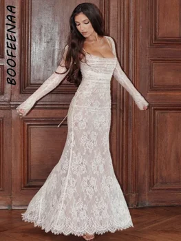 BOOFEENAA לבן תחרה התחבושת מקסי Fishtail שמלה עם שרוול ארוך קרדיגן 2 חתיכת סט אלגנטי לנשים שמלות ערב C33-EI29 - התמונה 1  