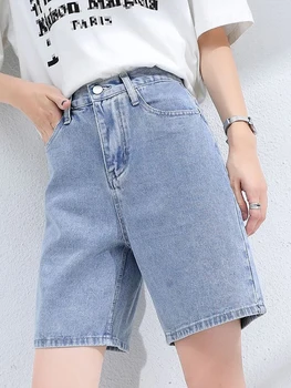 קיץ כחול ג 'ינס נשים מכנסיים קצרים מזדמנים גבוהה המותניים ישר באגי ג' ינס קצרים Y2K אופנת רחוב רחב הרגל קצרה ג ' ינס לנשים 2023 - התמונה 1  