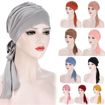 נשים מוסלמיות למתוח מוצק קמטים כובע טורבן סרטן כימותרפיה כובעים כובעי טרום קשור צעיף הכובעים Headwrap מצופה אביזרים לשיער - התמונה 1  