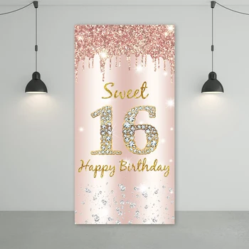16 רקע ורוד זהב-16 מסיבת יום הולדת קישוטים הדלת באנר עבור בנות 16 שנים בת שש-עשרה מותאם אישית, תמונת רקע - התמונה 1  