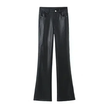 UNIZERA2023 החורף החדשה של נשים מזדמנים אופנה ישר מתאים מכנסי עור אופנה שחור PU דמוי עור קרן המכנסיים - התמונה 1  