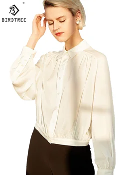 Birdtree 100%משי אמיתי של נשים אלגנטי אופנה חולצה דש רופף לבן שרוול ארוך OL נוסעים חולצות סתיו אביב חדש T3D632QM - התמונה 1  