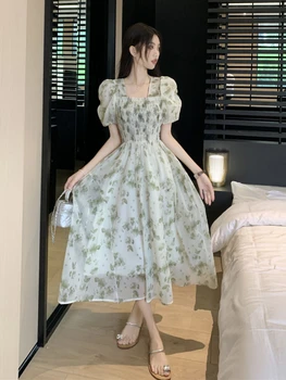 שמלת נשים Y2k הדפסה זמן עיצוב בסגנון קוריאני טוניקה הגברת המסיבה ללבוש מזדמנים אסתטי Vestidos פאף שרוול אופנתי שמלת קיץ קיץ - התמונה 1  
