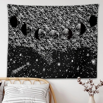 ירח שחור מנדלה שטיח בוהמי קישוט תלייה על קיר חדר השינה פסיכדלי זירת כוכבים אמנות קישוט הבית - התמונה 1  