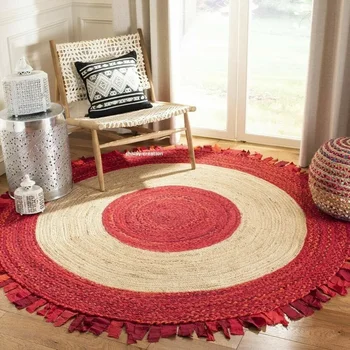 סיבוב יוטה שטיח כותנה 100% טבעי השטיח האדום ציצית הסלון הפיך שינה שטיח שטיח הרצפה במסדרון עיצוב הבית - התמונה 1  