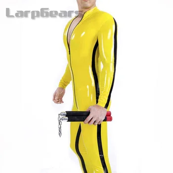 גברים צהוב עם שחור רצועת גומי Catsuit פטיש גומי בגד גוף עם חזית Crtoch רוכסן - התמונה 1  