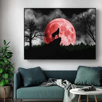 שחור לבן אמנות 
יללות זאב ירח אדום מופשט פוסטר טביעות בעלי חיים בד הציור נורדי הקיר תמונה בסלון עיצוב - התמונה 1  