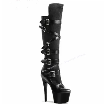 שחור פלטפורמה אבזם מגפי ברך גבוה עקב גבוה דק אופנתי סקסי הרומן סגנון קיץ 2023 אישה נעלי Zapatillas Mujer - התמונה 1  