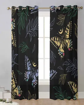 קו פרפר בצבעי מים צמח רטרו העצום וילונות בסלון חלון שקוף ואל טול וילון וילונות עיצוב הבית - התמונה 1  