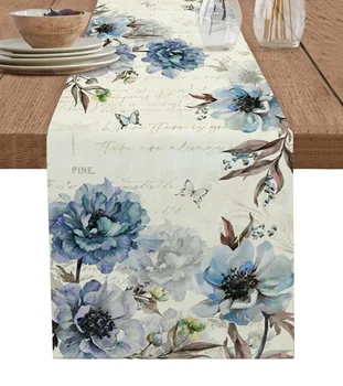 בציר פרחים פרפרים אדמוניות שולחן רץ כותנה פשתן החתונה שולחן האוכל בד כיסוי הביתה מפית מטבח קישוט - התמונה 1  