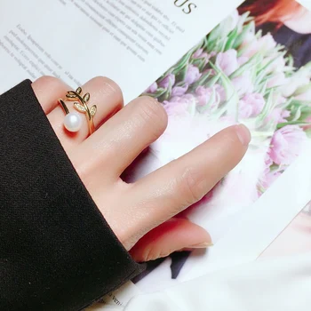 טבעי מים מתוקים פרל הטבעת עבור נשים קוריאני זרקונים טבעת עלה זית פתיחת טבעת חתונת יום הולדת תכשיטים מתנות - התמונה 1  