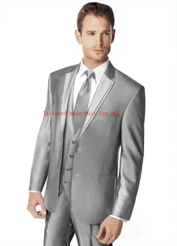 אפור-כסוף, חריץ התאמה אישית עשוי להגדיר סלים דש הנשף הכי טוב גבר השושבינים הנשף חליפות גברים חליפות חתונה( ז ' קט+מכנסיים+אפוד+עניבה) - התמונה 1  