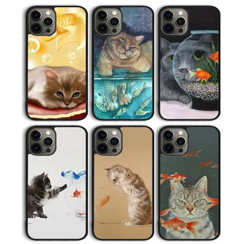 חתול וכל דג זהב בטלפון מקרה כיסוי אחורי עבור iPhone 15 SE2020 14 13 11 12 Pro מקס מיני XS XR-X 8 + 7 6 מעטפת Coque - התמונה 1  