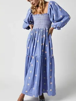 2023 הסתיו פרחים חדשים הדפסה Midi שמלות נשים אלגנטי האופנה צווארון כותנה שמלה נשית משובחת מזדמן קו החלוק - התמונה 1  