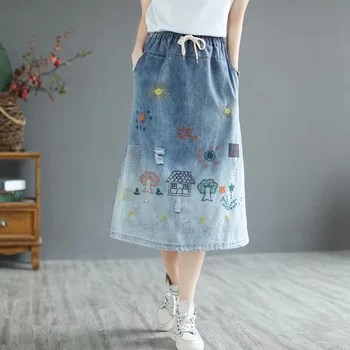 נשים חצאיות הקיץ דק 'ינס חצאית 2021 חדש שטף וינטג' רקומה בתוספת גודל מתאים רופף חצאית אופנתית - התמונה 1  