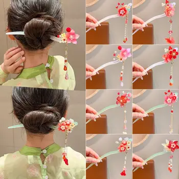 סיני Hanfu הכובעים פרח ציצית שיער מקל אדום ורצוף מעולה פרח סיכה לשיער בחורה הסגנון העתיק ראש - התמונה 1  