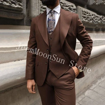 עסקית רשמית חום חליפות גברים סלים בכושר שיא דש שני כפתורים 3 חתיכות זכר טוקסידו לחתונה בלייזר+אפוד+מכנסיים תחפושת Homme - התמונה 1  
