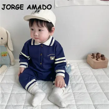 סגנון קוריאני חדש האביב ילדה ילד רומפר שרוולים ארוכים בצבע בז', כחול פסים Turn-למטה צווארון סרבל תינוק בגדים E6863 - התמונה 1  