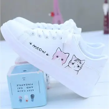 2023 נשים נעלי אופנה Breathble גופר, נעליים חמוד חתול מצויר תחרה מקרית הלבן נשים נעלי נשי - התמונה 1  