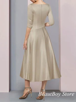 אלגנטי שמפניה קו-אמא של שמלת הכלה הבציר צוואר V תה באורך סאטן חתונה מסיבת שמלות חלוק דה פאטאל לנשף - התמונה 2  