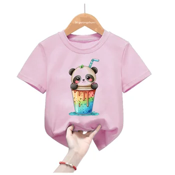 פנדה אוהבת פרחים הדפס ורוד חולצה עבור בנות Harajuku Kawaii בגדי ילדים דוב חמוד חולצת טי Harajuku חולצה קיץ מקסימום - התמונה 2  